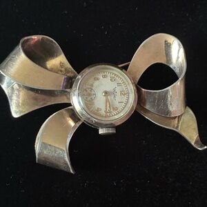 Vintage Sterling Bow Brooch with Wyler Watch Face